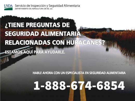 Imagen de una carretera inundada con el texto "¿Tiene preguntas de seguridad alimentaria relacionadas con huracanes? Estamos aquí para ayudarle. Hable ahora con un especialista en seguridad alimentaria 1-888-674-6854". La imagen también presenta el logotipo del Servicio de Inspección y Seguridad Alimentaria del USDA en la esquina superior izquierda.